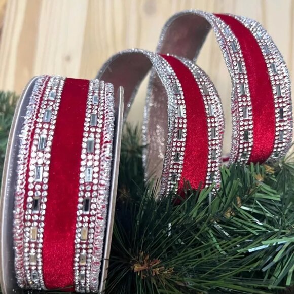 5 Yards, Red Velvet with Crystal Jewel Edge Trim Wired Christmas Ribbon - Picture 5 of 5